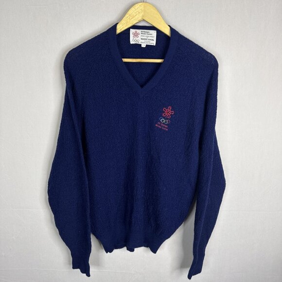 Vintage XV Olympic Winter Games White Ram Sweater Men’s Large Navy Blue Calgary - Picture 1 of 5